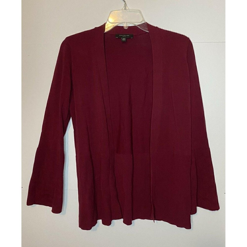 Ann Taylor Petite XXS Cardigan Open Front Burgundy Ribbed Details Bell Sleeve